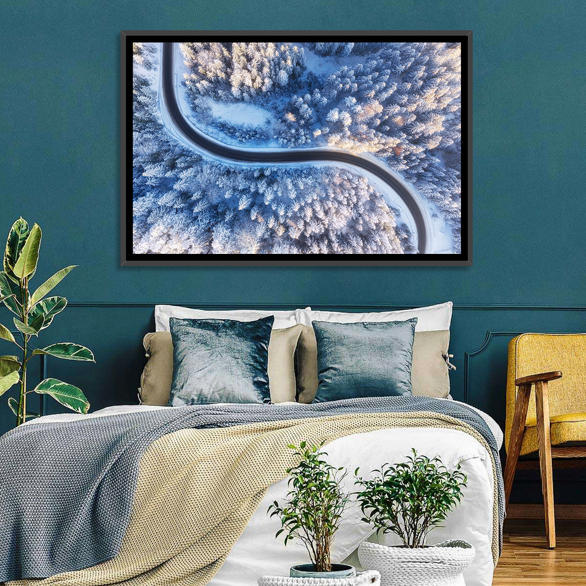 Snowy Forest Road at Golden Hour Wall Art in a room, landscape