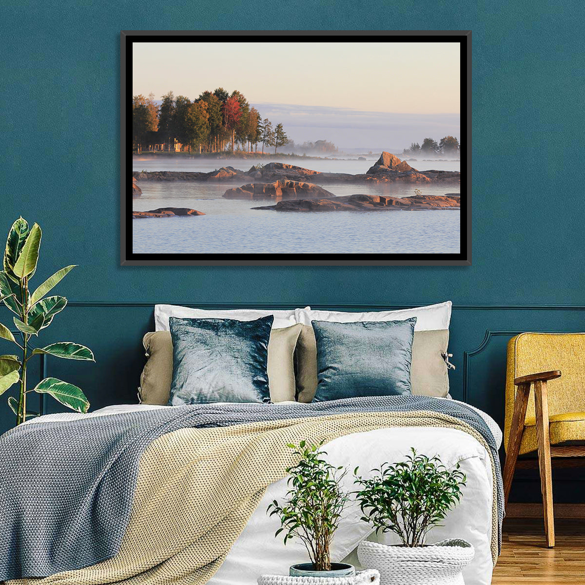 Lake Vanern Misty Shoreline Wall Art in a room, landscape