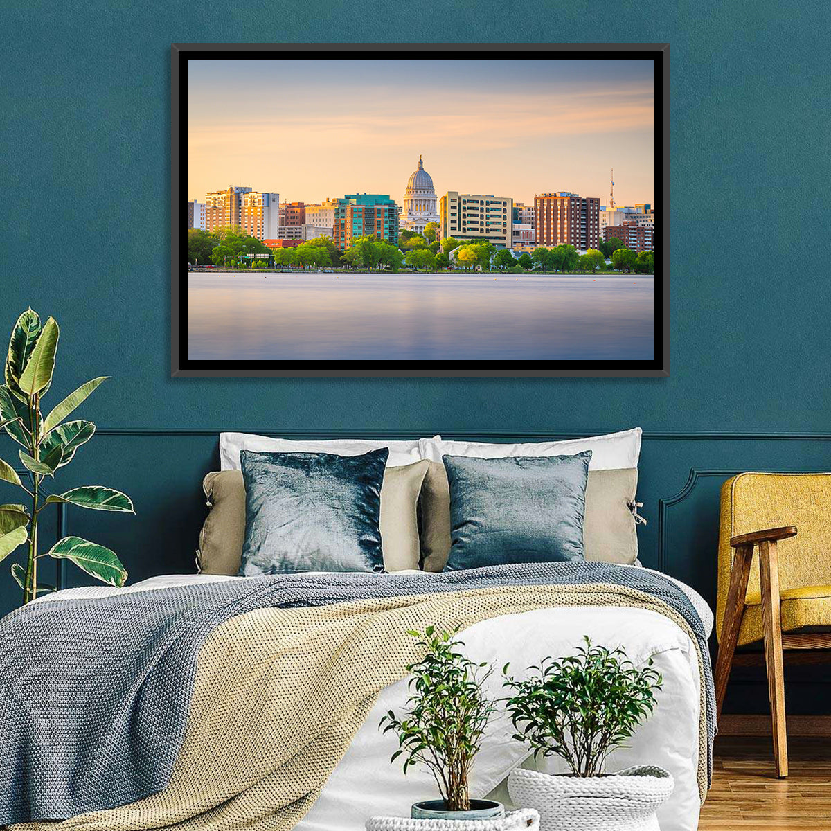 Madison Skyline at Lake Monona Wall Art in a room, landscape