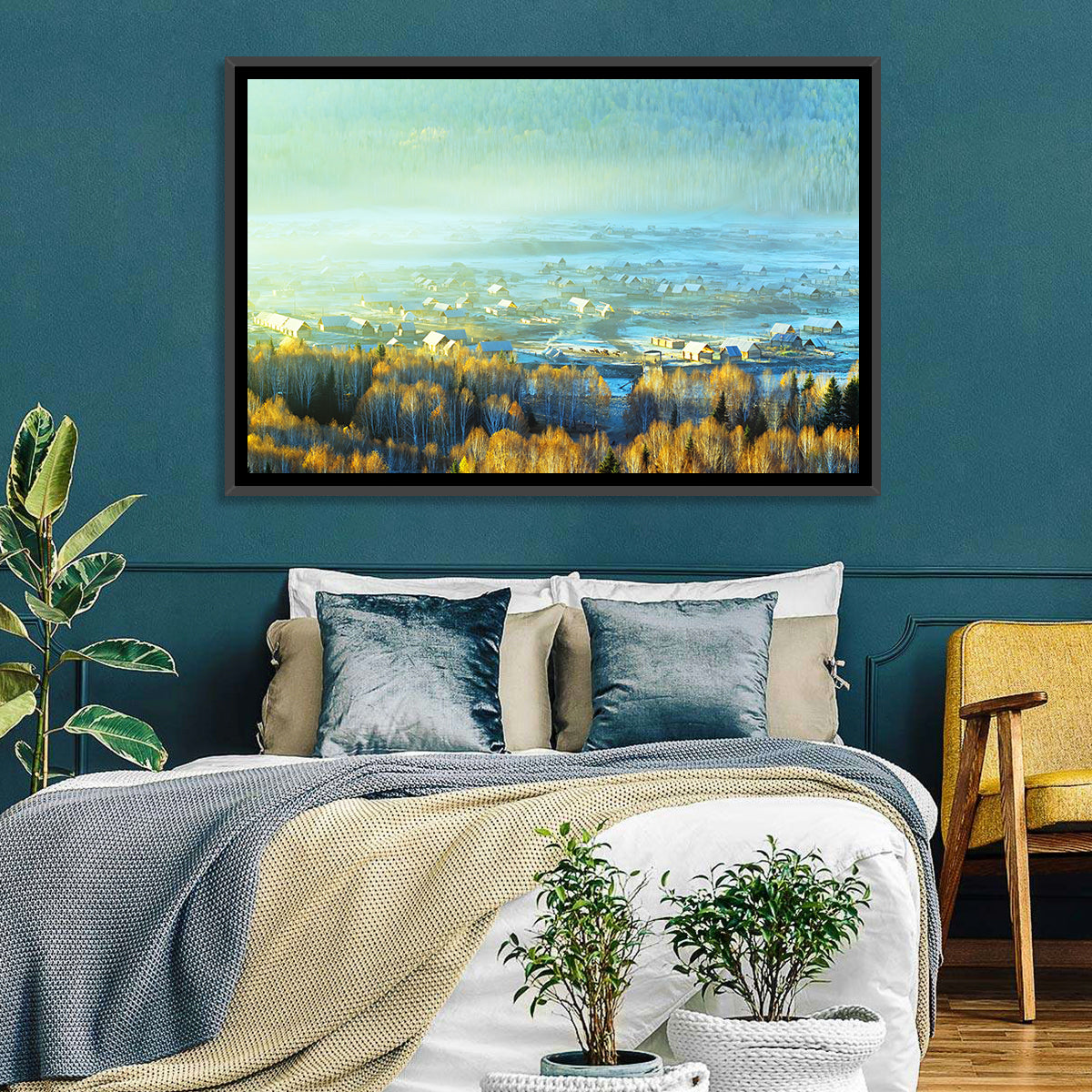 Misty Xinjiang Village Wall Art in a room, landscape