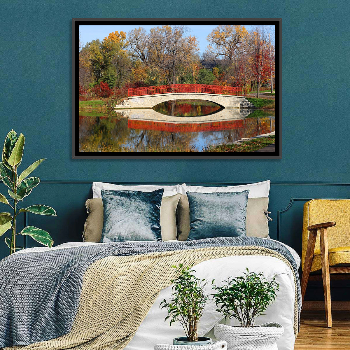 Tenney Park Stone Bridge Reflection Wall Art in a room, landscape