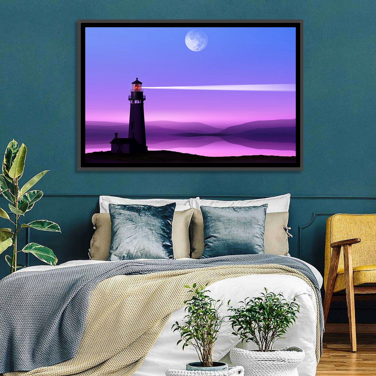Moonlit Lighthouse Reflection Wall Art in a room, landscape