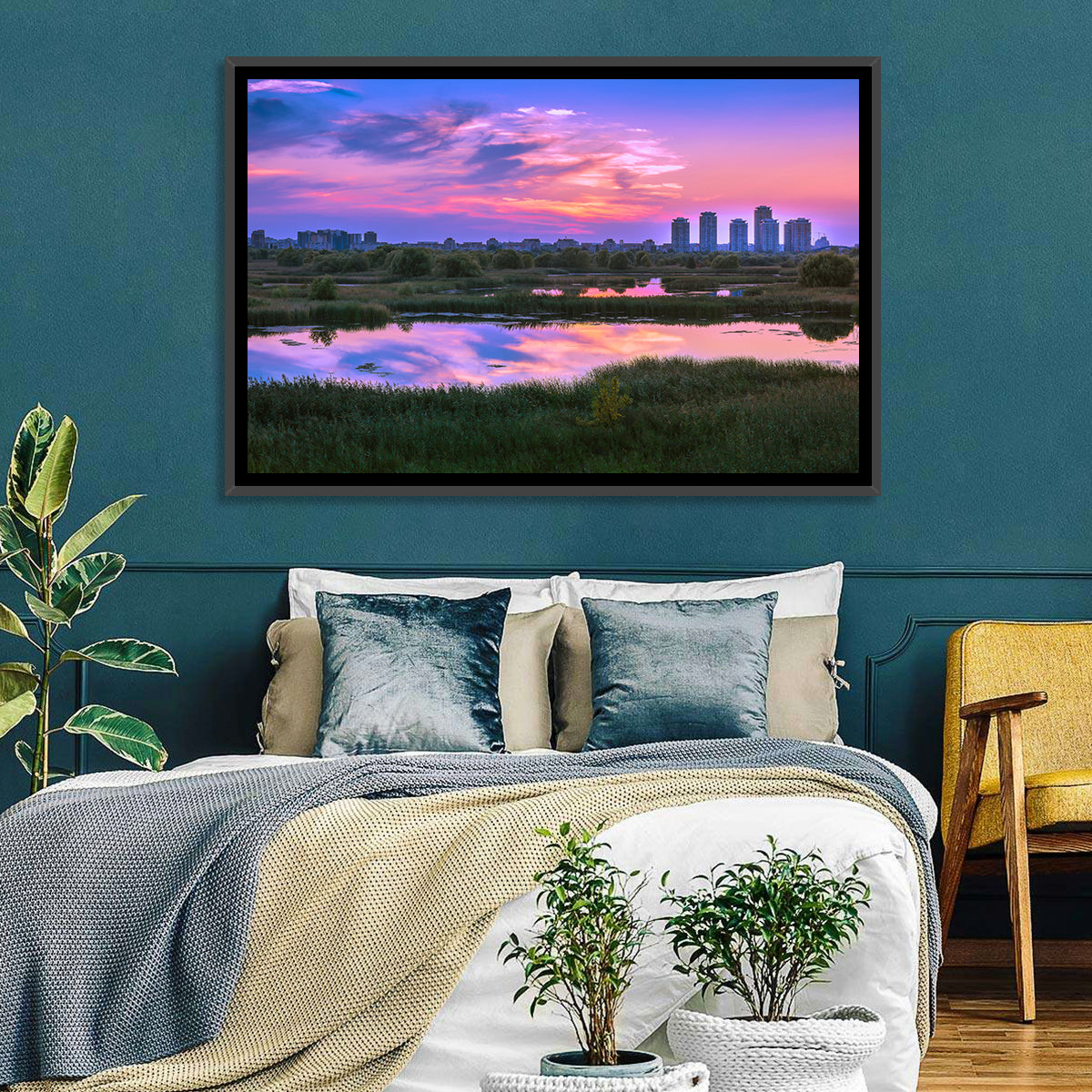 Vacaresti Park Sunset Reflection Wall Art in a room, landscape