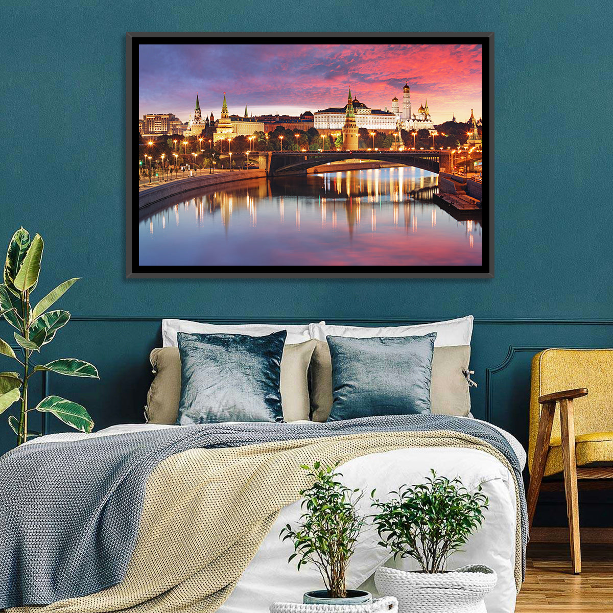 Moscow Kremlin Skyline at Twilight Wall Art in a room, landscape