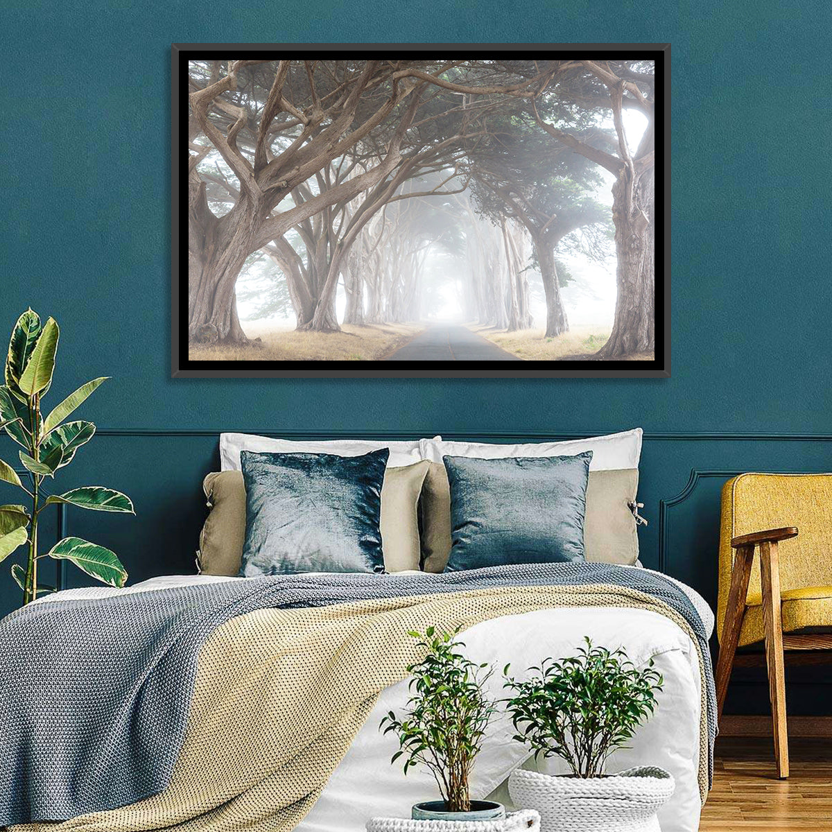 Misty Cypress Tunnel Wall Art in a room, landscape