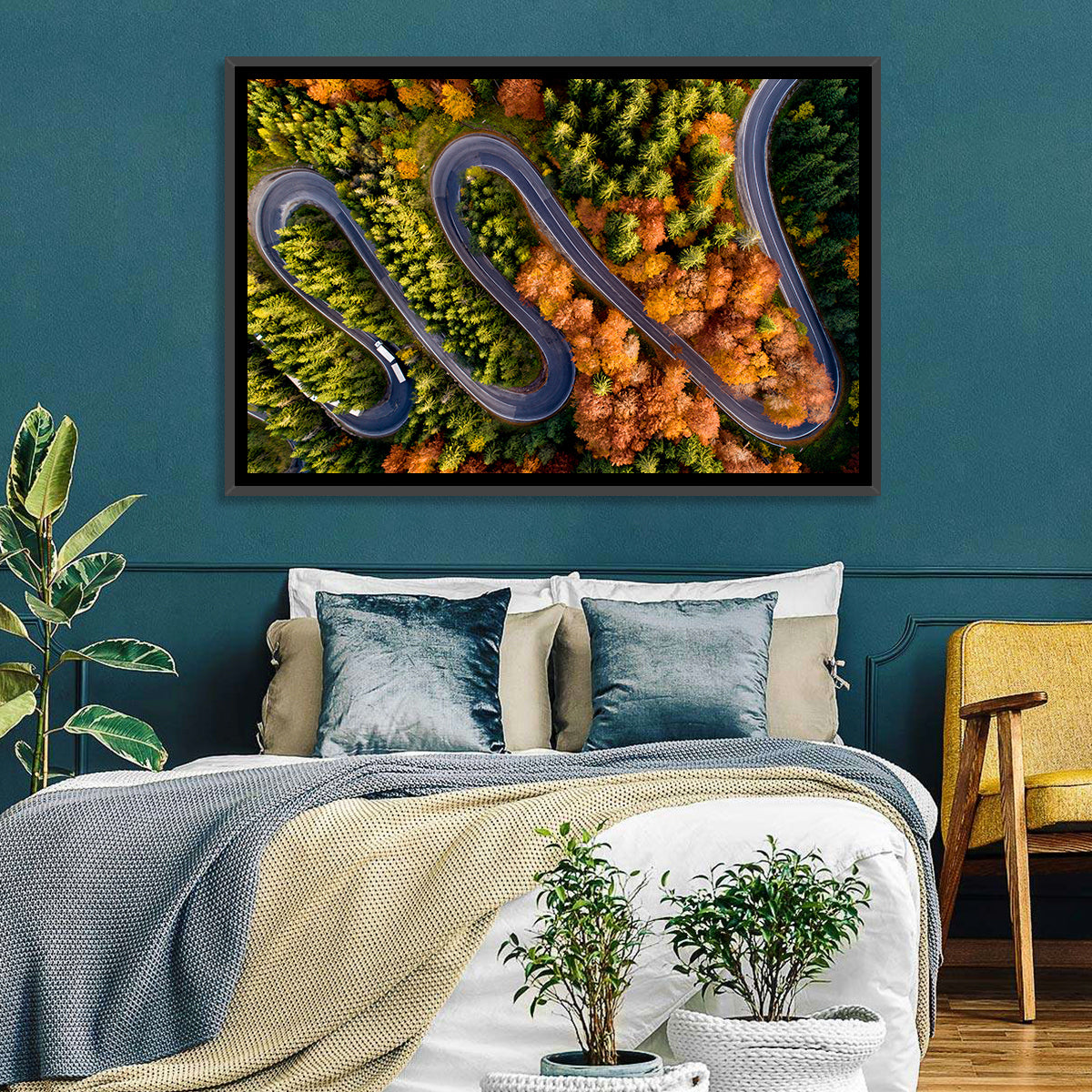 Autumn Aerial Mountain Road Wall Art in a room, landscape