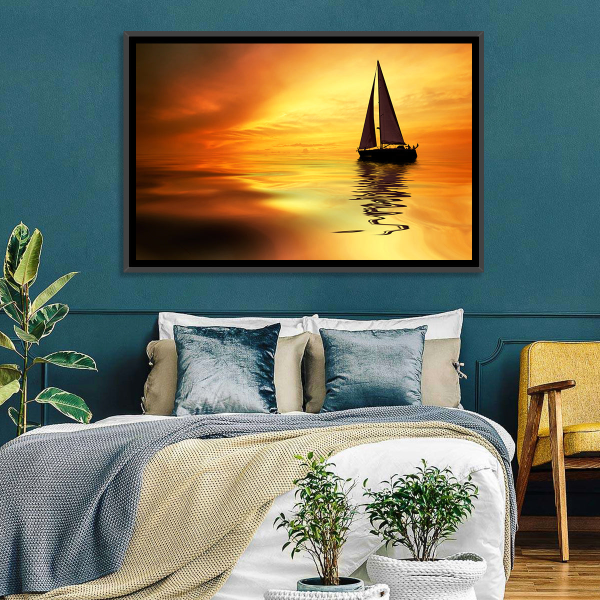 Golden Hour Sailboat Silhouette Wall Art in a room, landscape