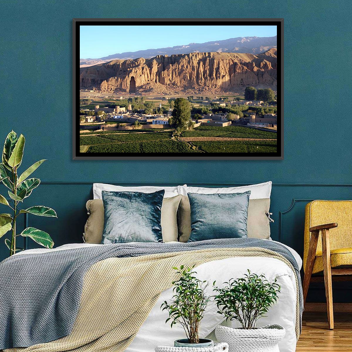 Bamiyan Valley Cliff Niche at Golden Hour Wall Art in a room, landscape