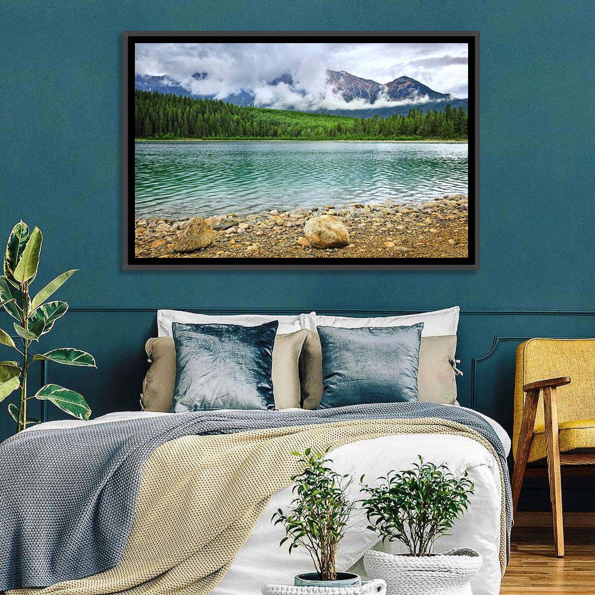 Patricia Lake Cloudy Peaks Wall Art in a room, landscape
