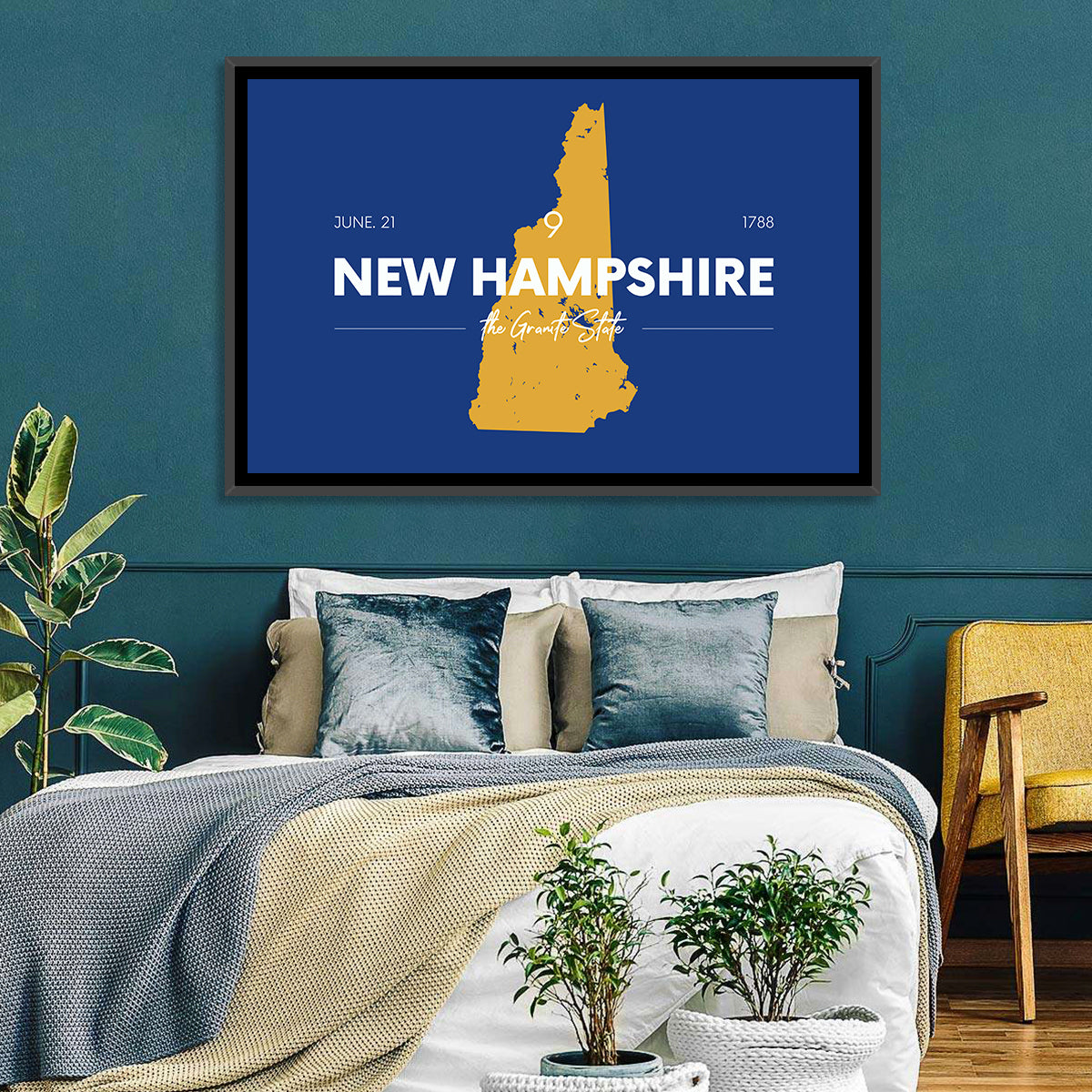 New Hampshire State Map, Blue and Gold Wall Art in a room, landscape