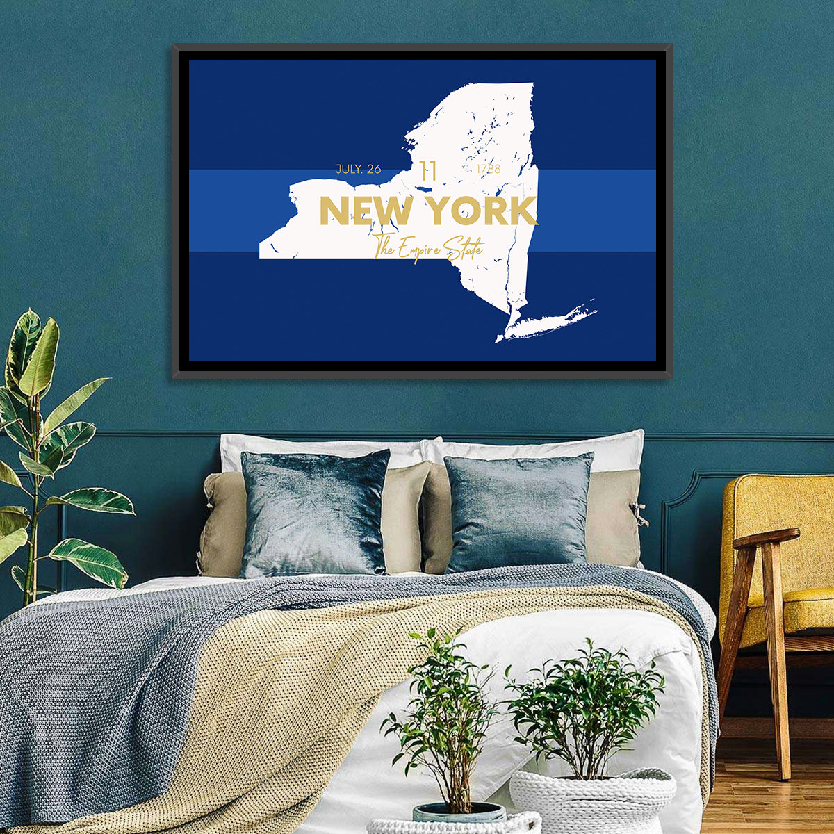 New York State Typographic Map Wall Art in a room, landscape