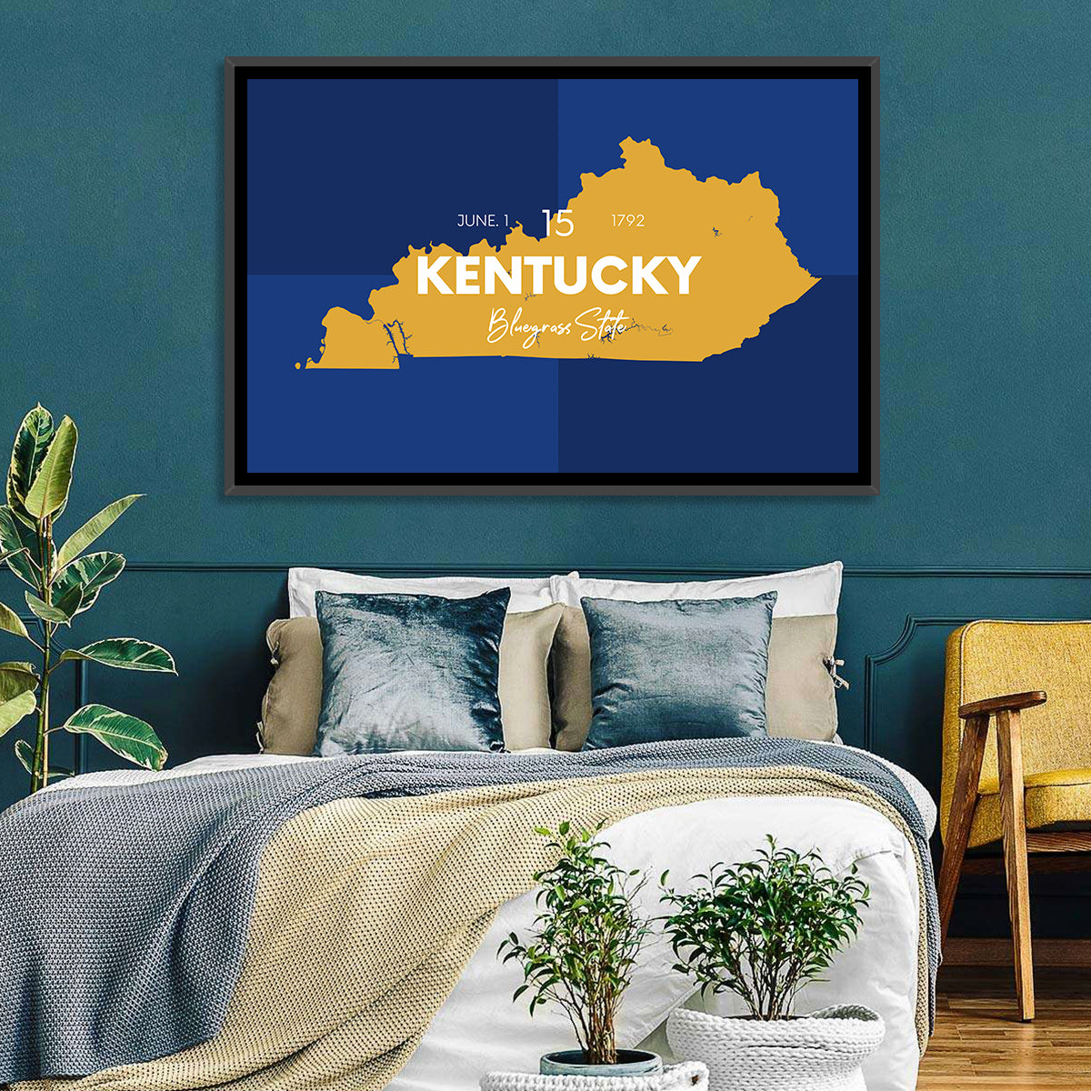 Blue and Gold Kentucky Map Wall Art in a room, landscape