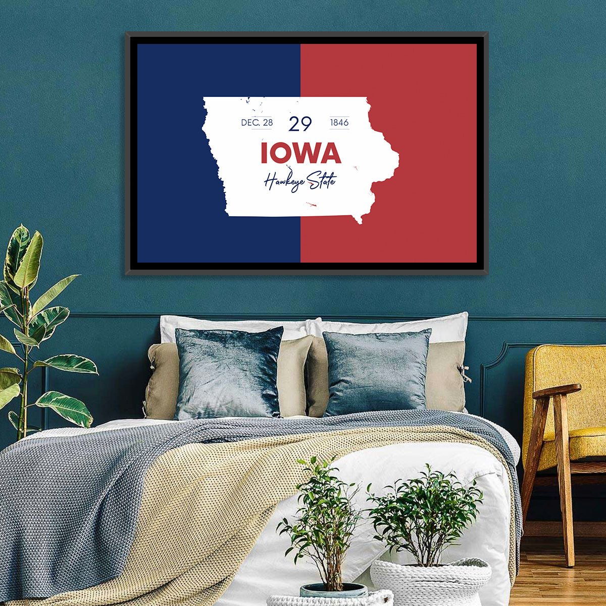 Hawkeye State Map Typography Wall Art in a room, landscape