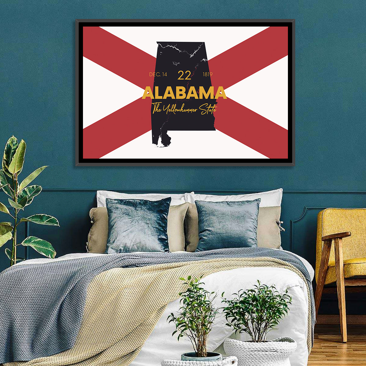 Alabama Map Over State Flag Wall Art in a room, landscape
