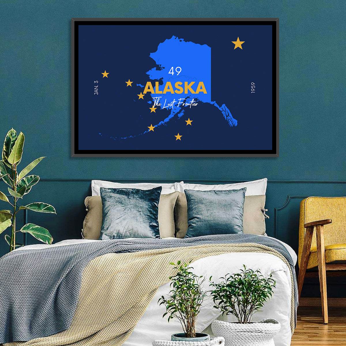 Alaska Map with Gold Stars Wall Art in a room, landscape