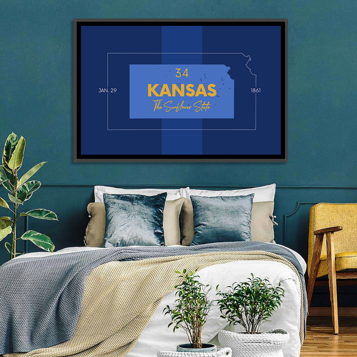 Kansas Typographic Map, Blue and Gold Wall Art in a room, landscape