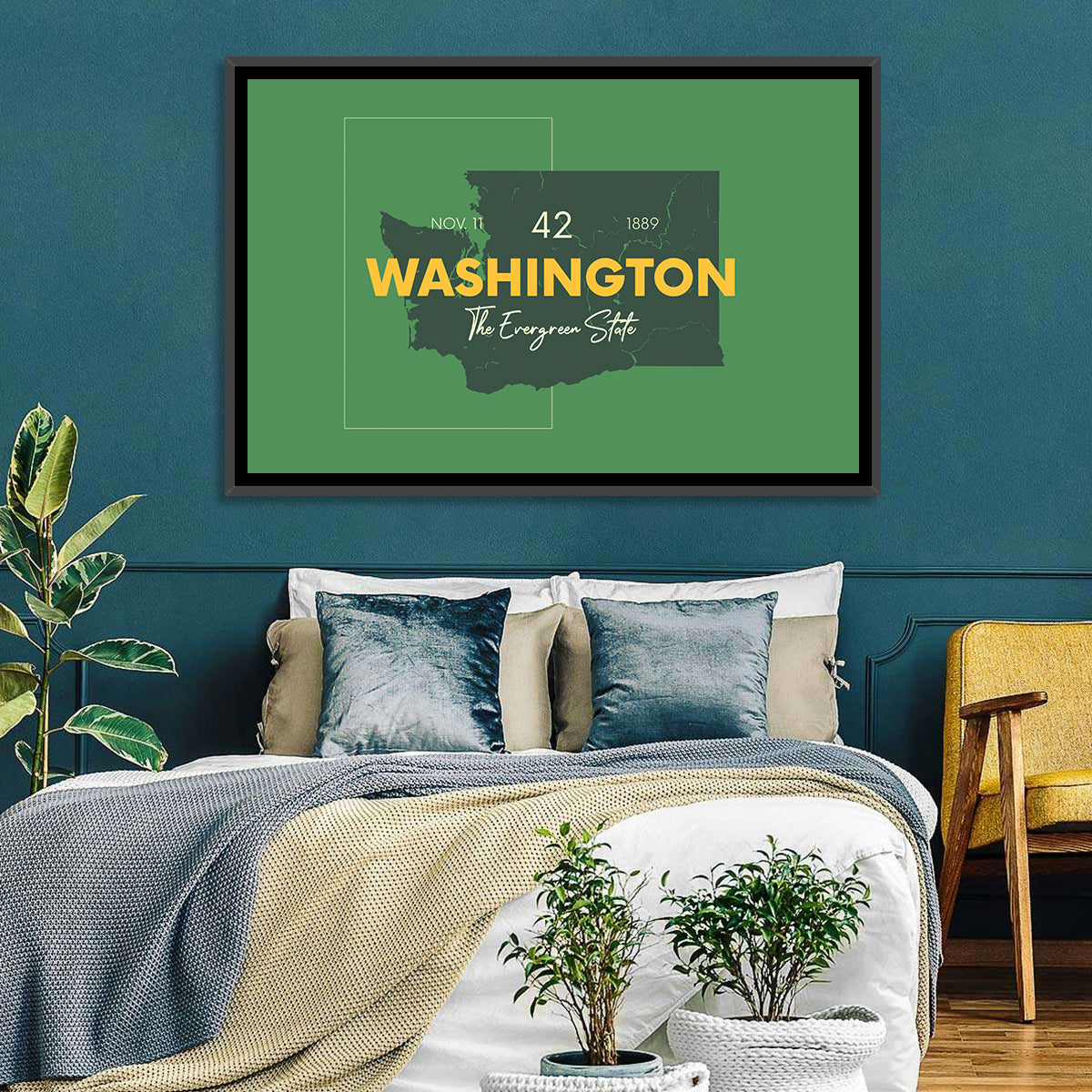 Minimalist Washington State Map Wall Art in a room, landscape