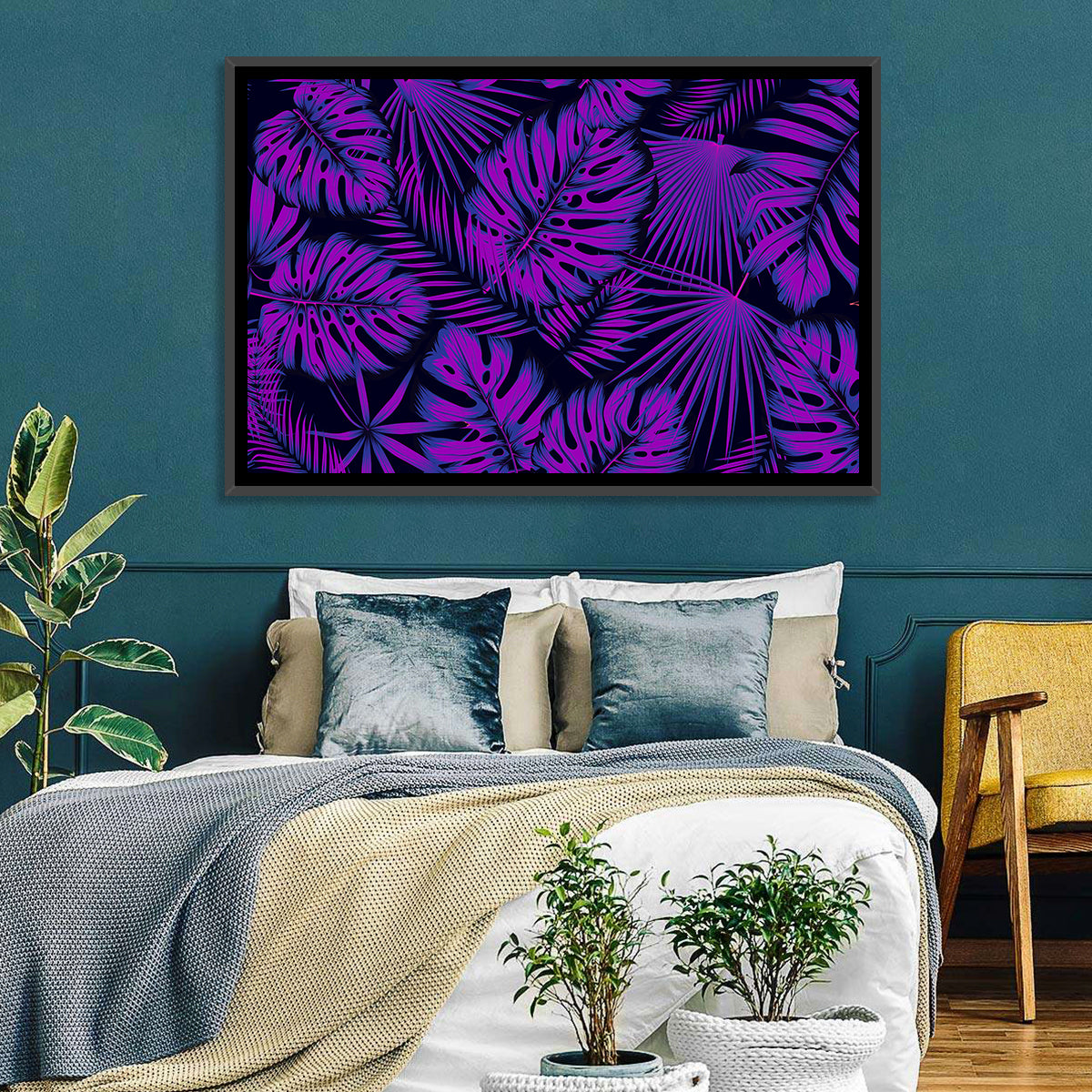 Violet Tropical Leaves Wall Art in a room, landscape