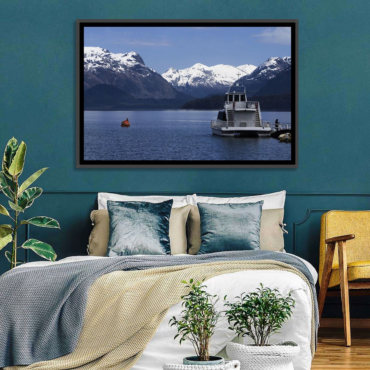 Lake Nahuel Huapi Catamaran and Snow-capped Mountains Wall Art in a room, landscape