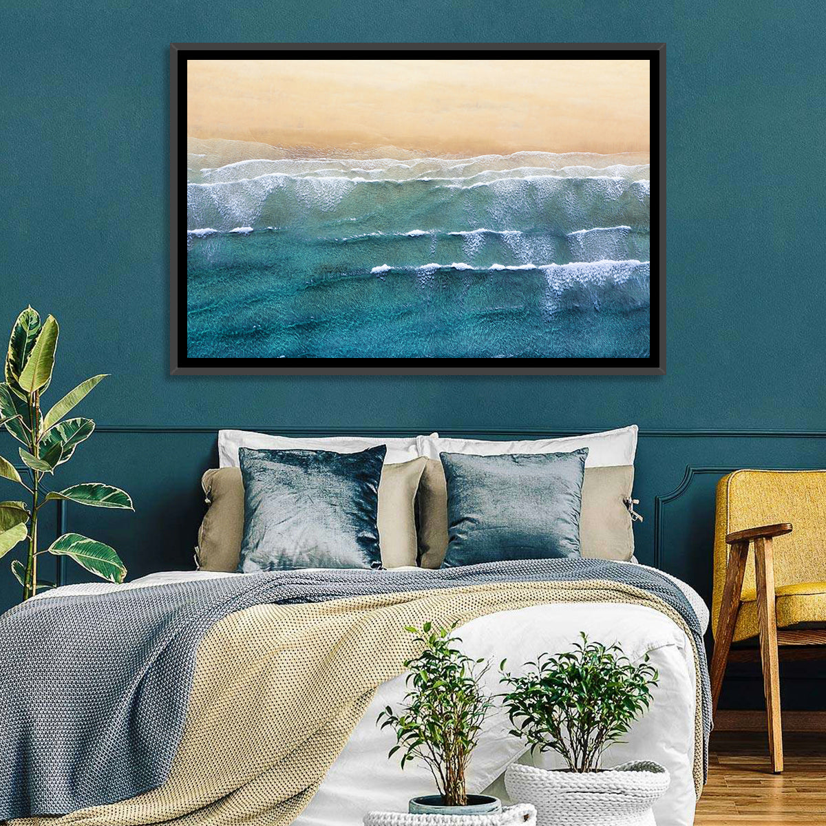 Calm Turquoise Beachscape Wall Art in a room, landscape
