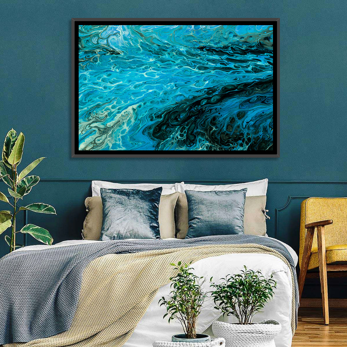 Liquid Marble Blue Abstract Wall Art in a room, landscape