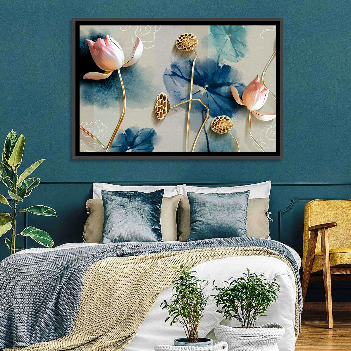 Blue Lotus Botanical Backdrop Wall Art in a room, landscape