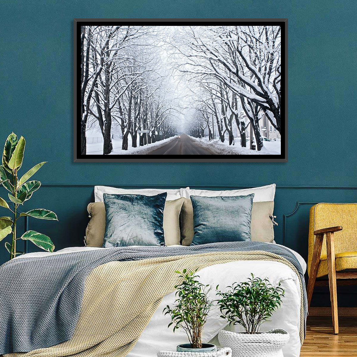 Snowy Road with Distant Headlights Wall Art