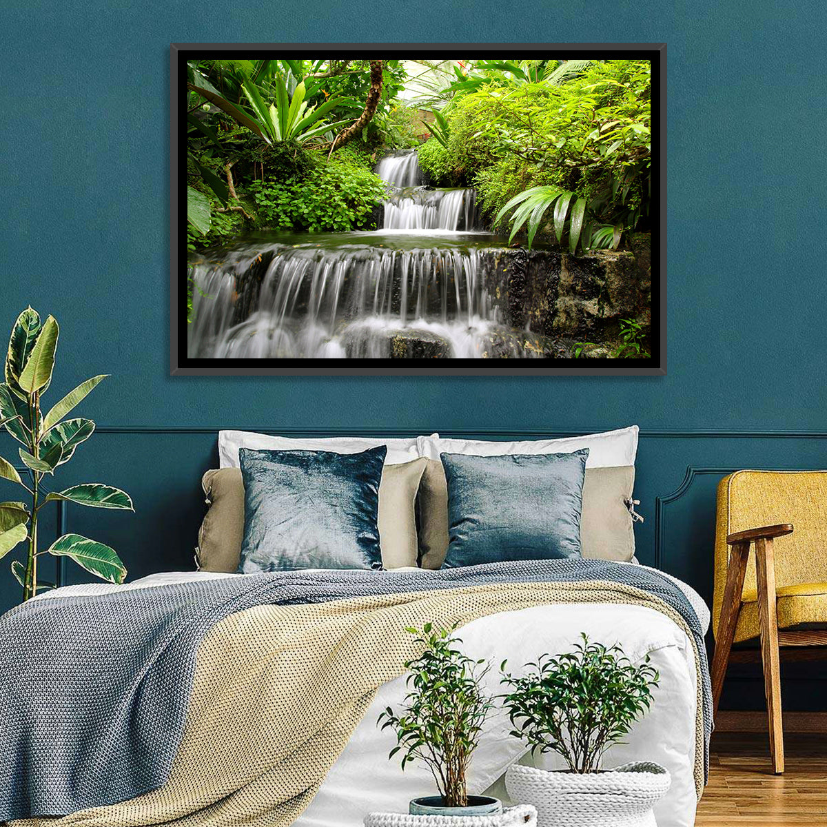 Lush Rainforest Cascade Wall Art in a room, landscape