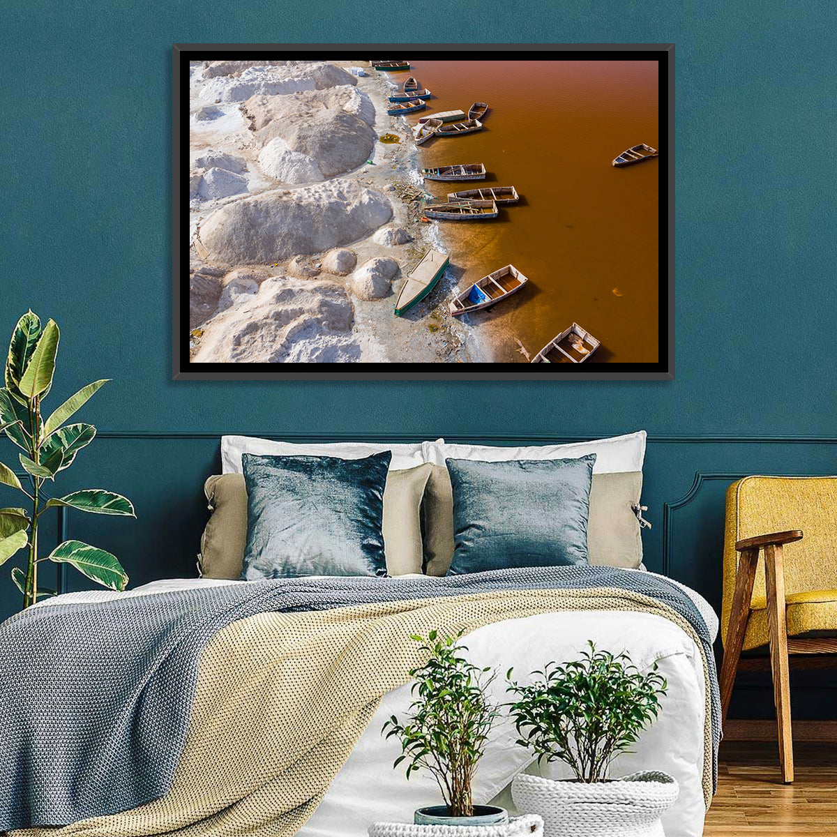 Lac Rose Boats and Salt Mounds Wall Art in a room, landscape