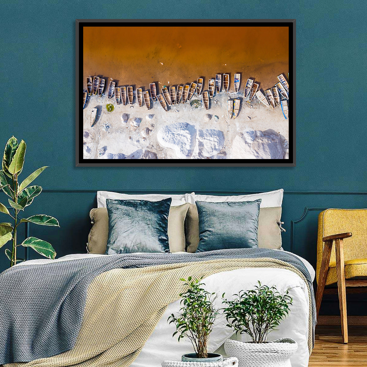 Lac Rose Boats Aerial View Wall Art in a room, landscape