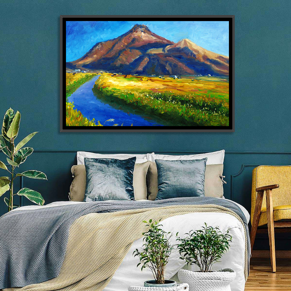 Mountain Village Stream at Golden Hour Wall Art in a room, landscape