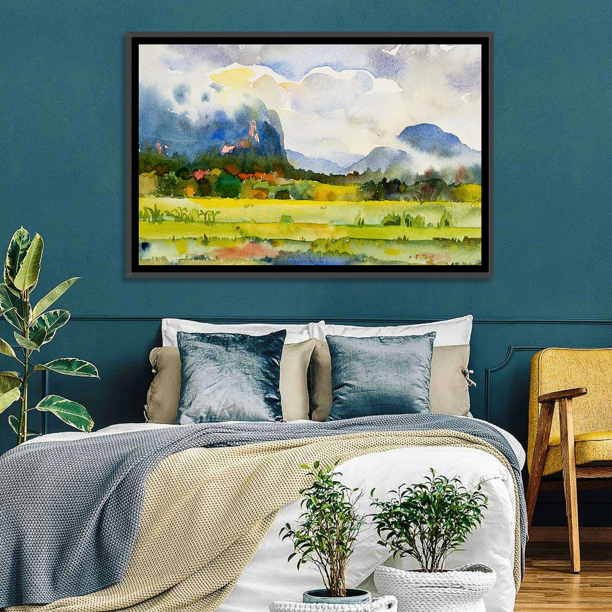 Summer Meadow Watercolor Landscape Wall Art in a room, landscape