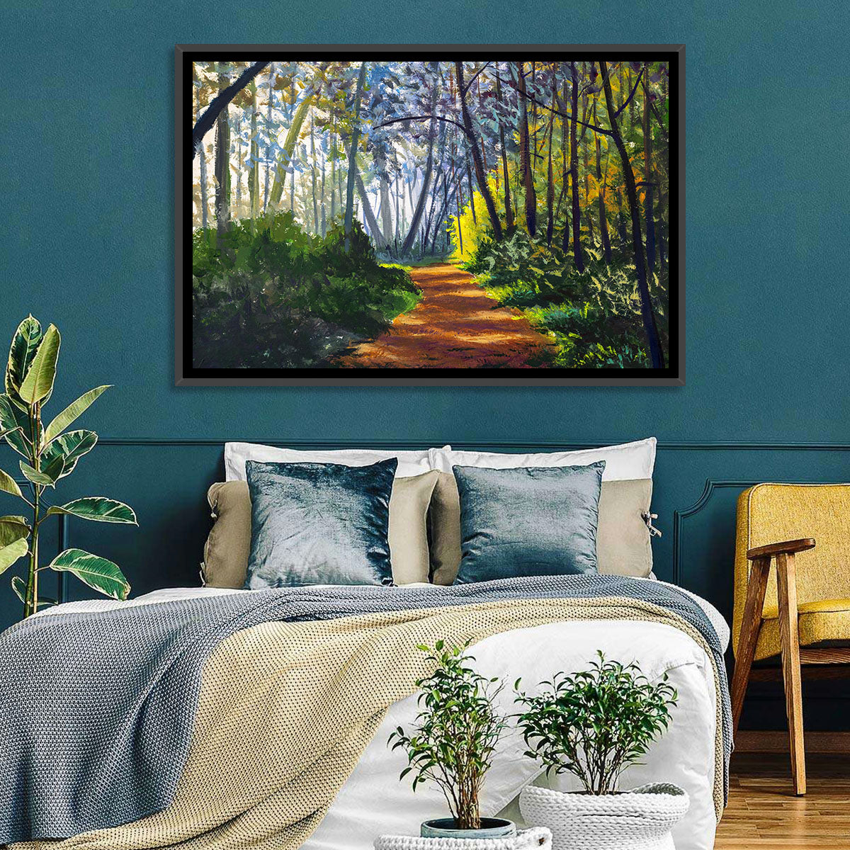 Sunlit Forest Alley Path Wall Art in a room, landscape