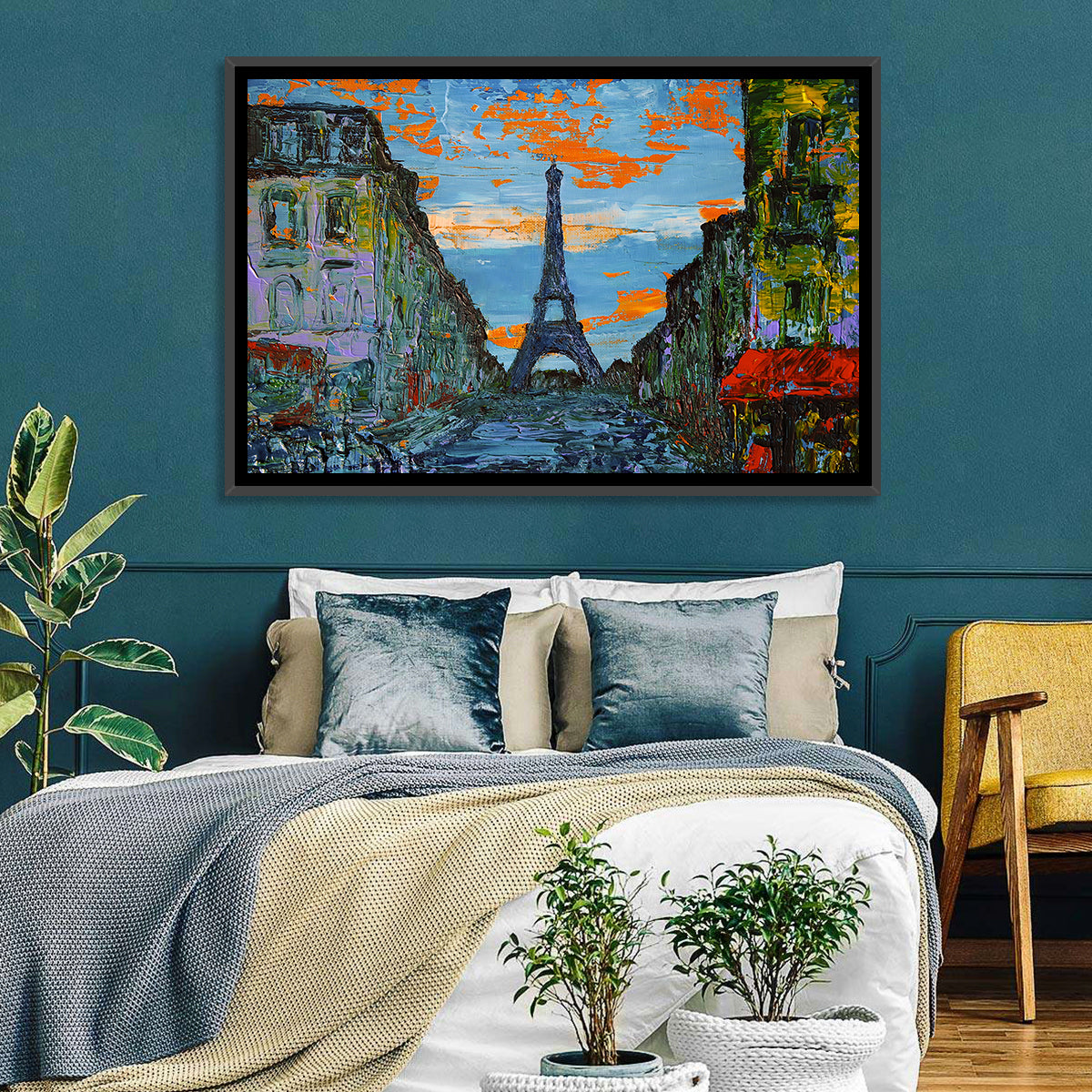 Paris Dusk Street, Eiffel Tower Wall Art in a room, landscape