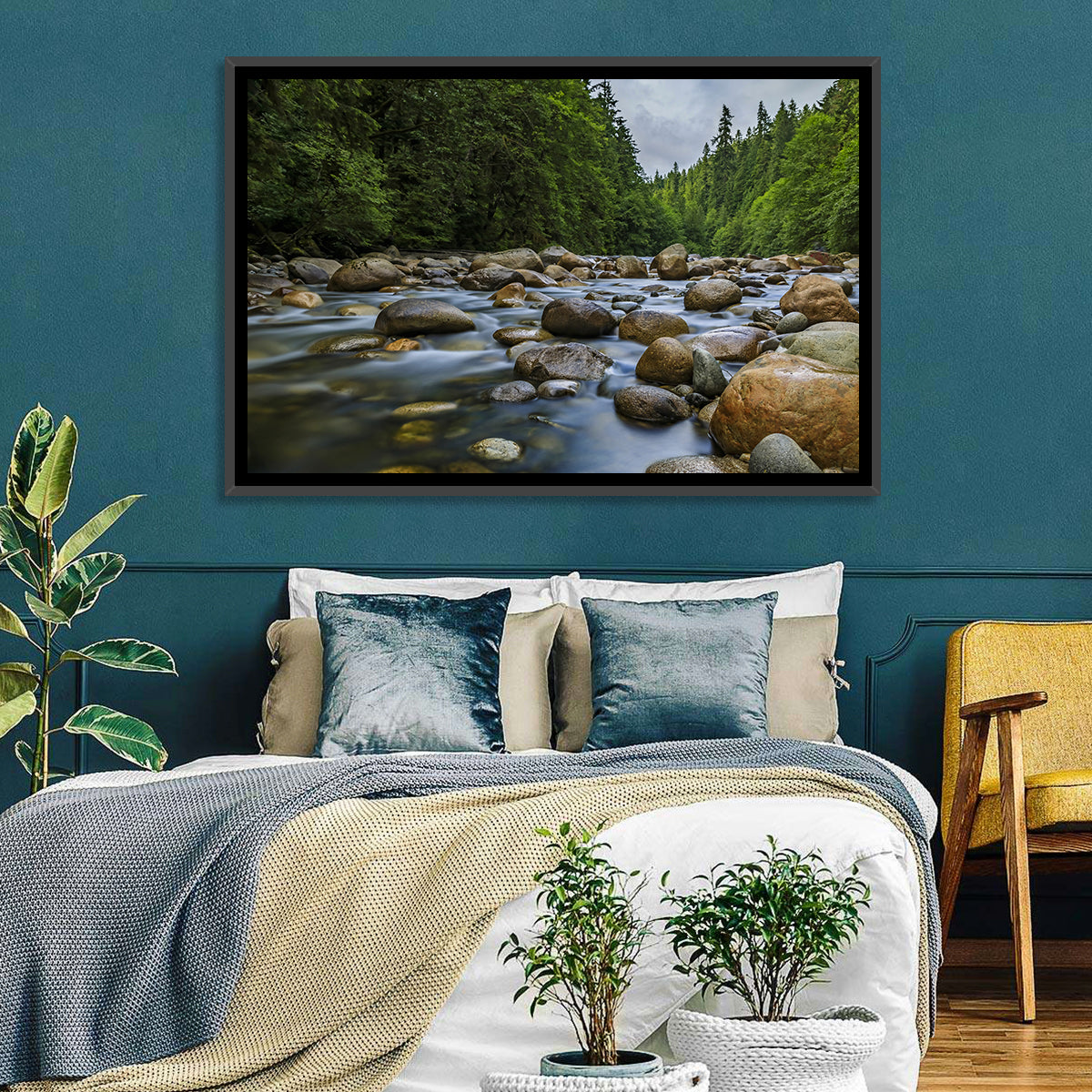 Lynn Canyon Riverbed Forest Wall Art in a room, landscape