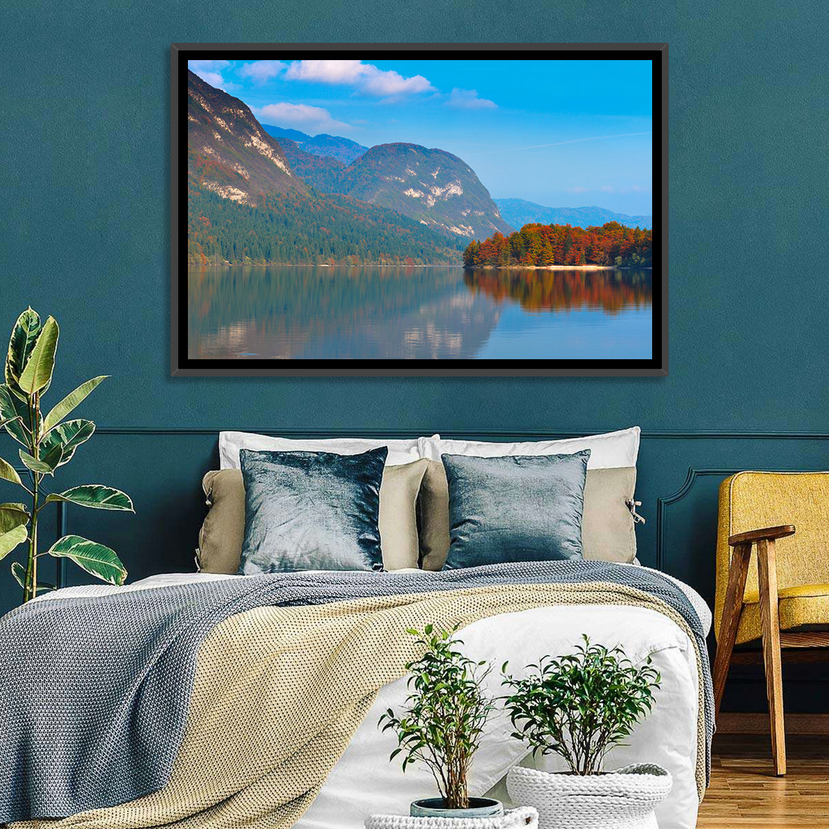 Lake Bohinj Autumn Reflection Wall Art in a room, landscape