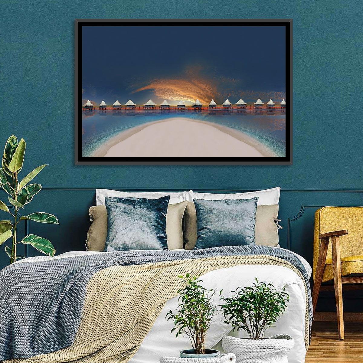 Overwater Bungalows at Golden Dusk Wall Art in a room, landscape