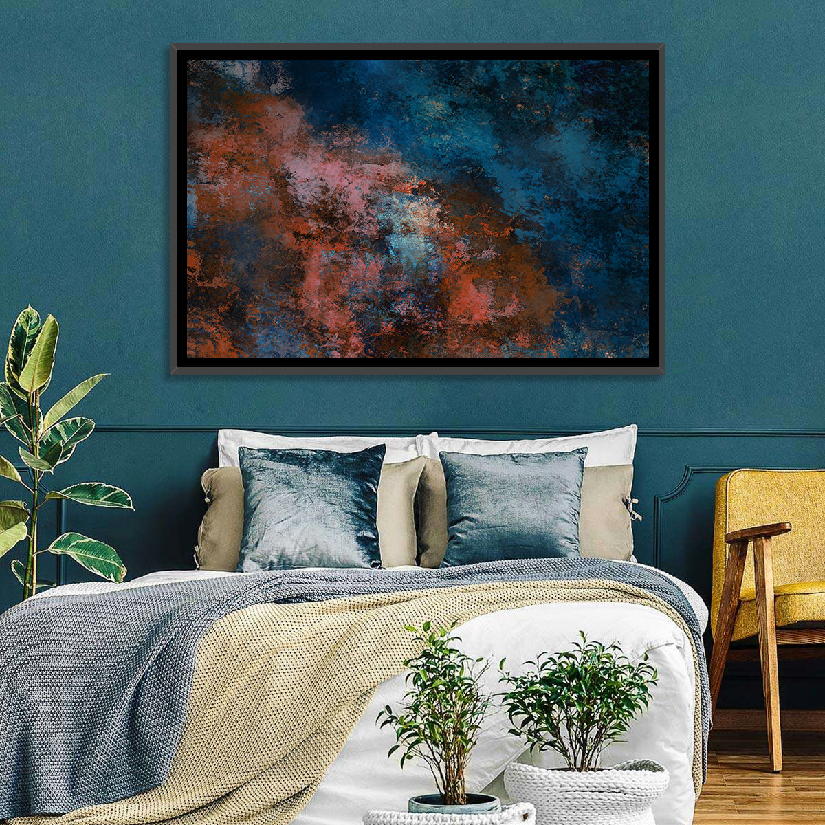Blue to Rust Color Field Wall Art in a room, landscape