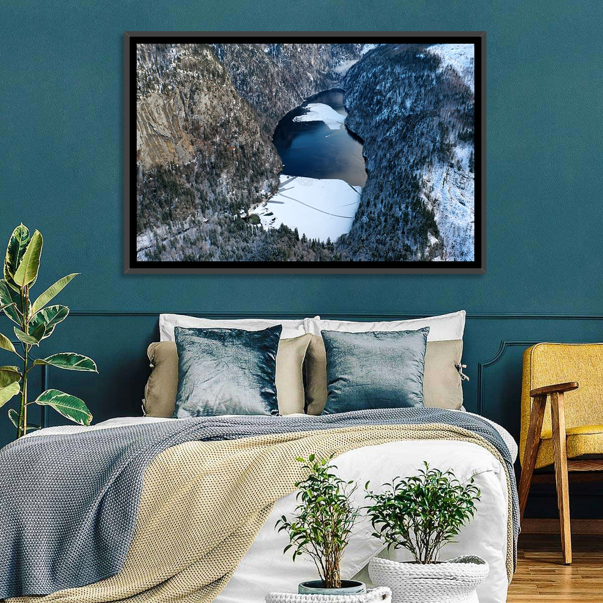 Toplitz Lake Winter Aerial Wall Art in a room, landscape