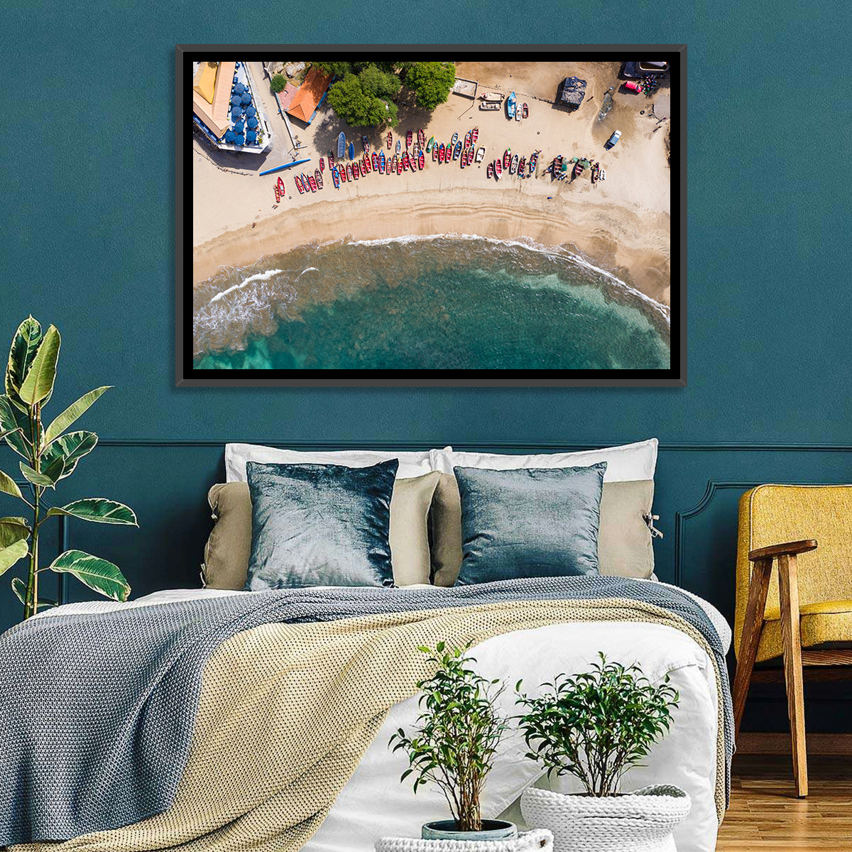 Aerial Tarrafal Beach Fishing Boats Wall Art in a room, landscape