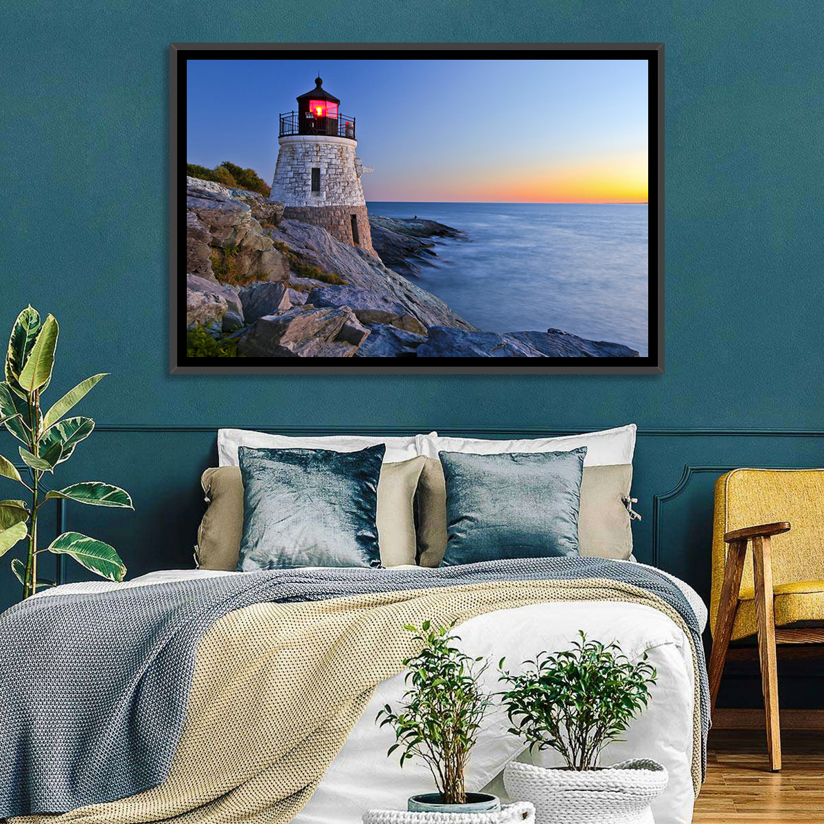Castle Hill Lighthouse at Dusk Wall Art in a room, landscape