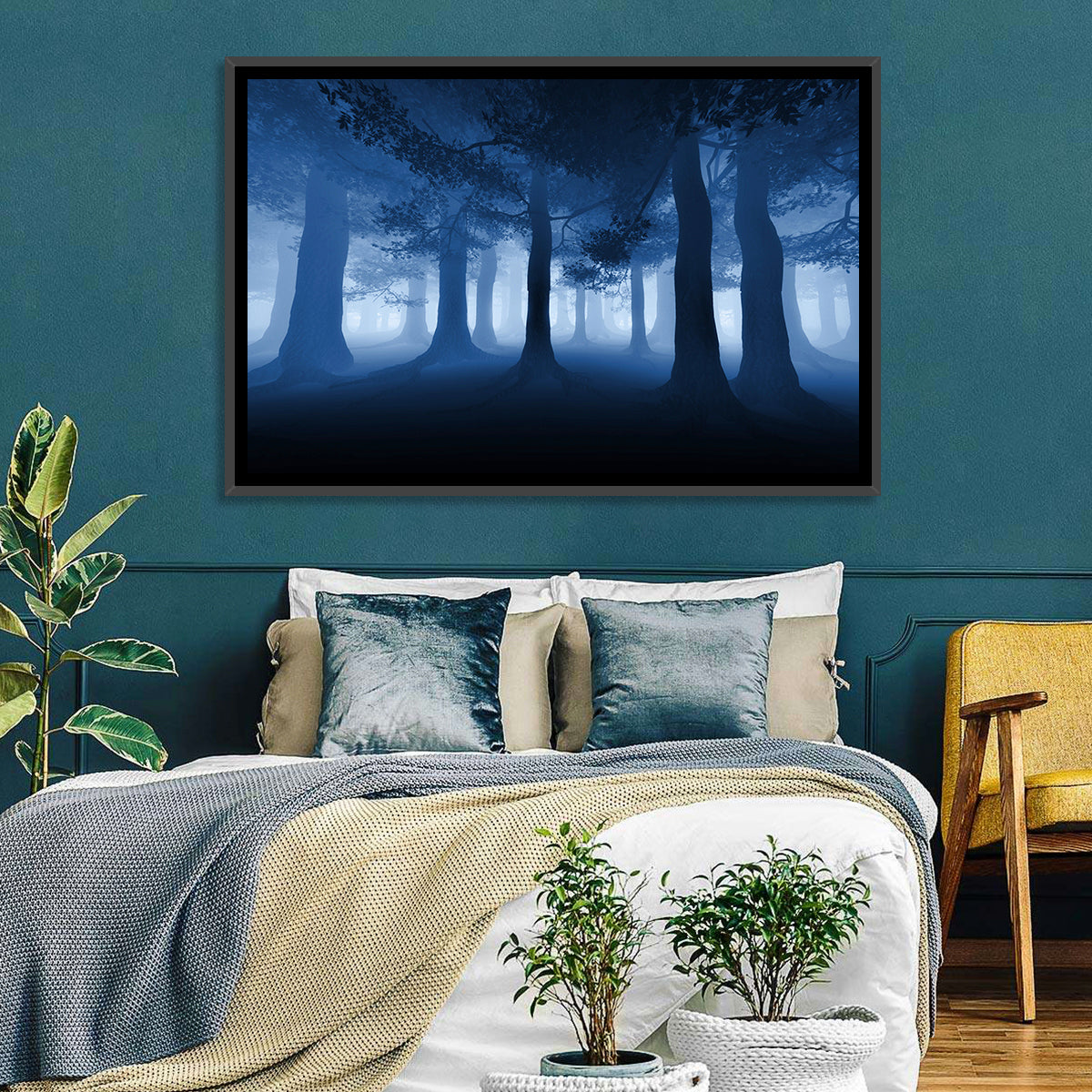 Midnight Blue Forest Wall Art in a room, landscape