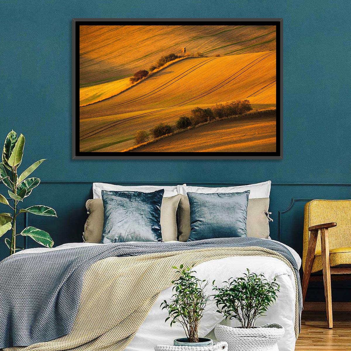 Golden Moravian Farm Tracks Wall Art in a room, landscape