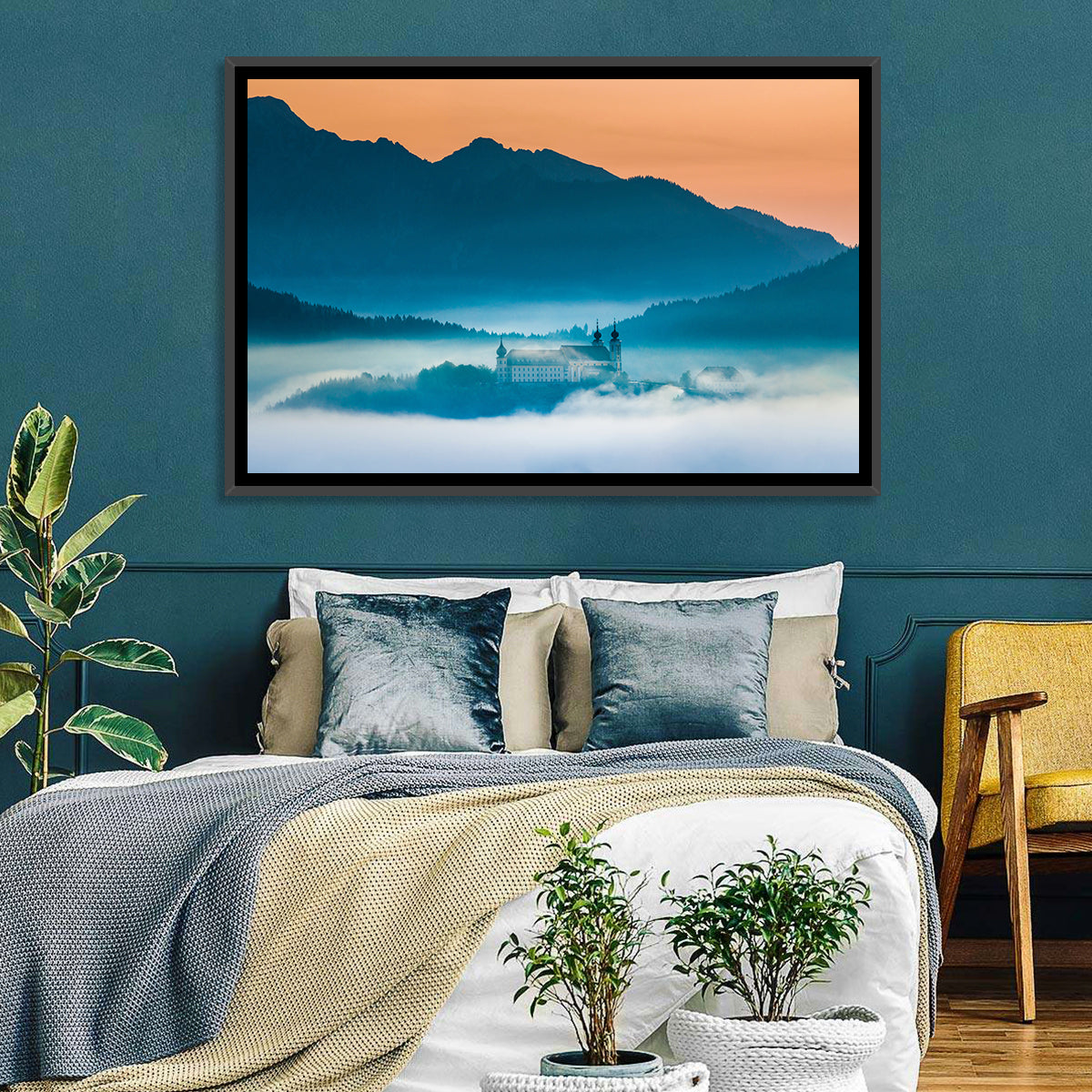 Benediktbeuern Abbey in Morning Fog Wall Art in a room, landscape