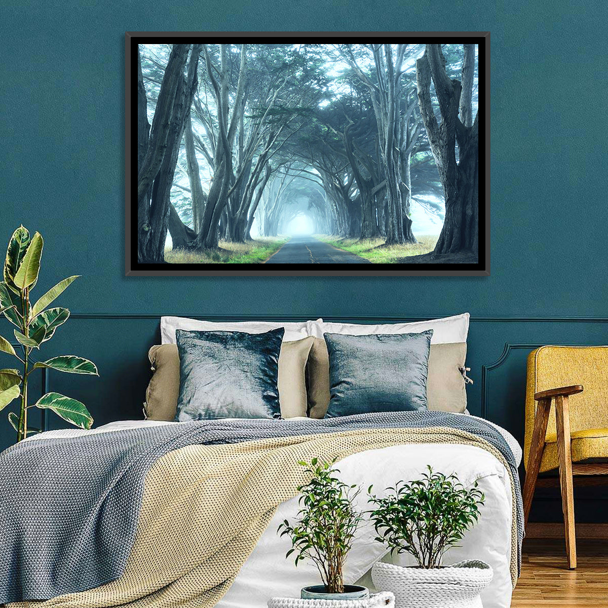 Foggy Cypress Tree Tunnel Wall Art in a room, landscape
