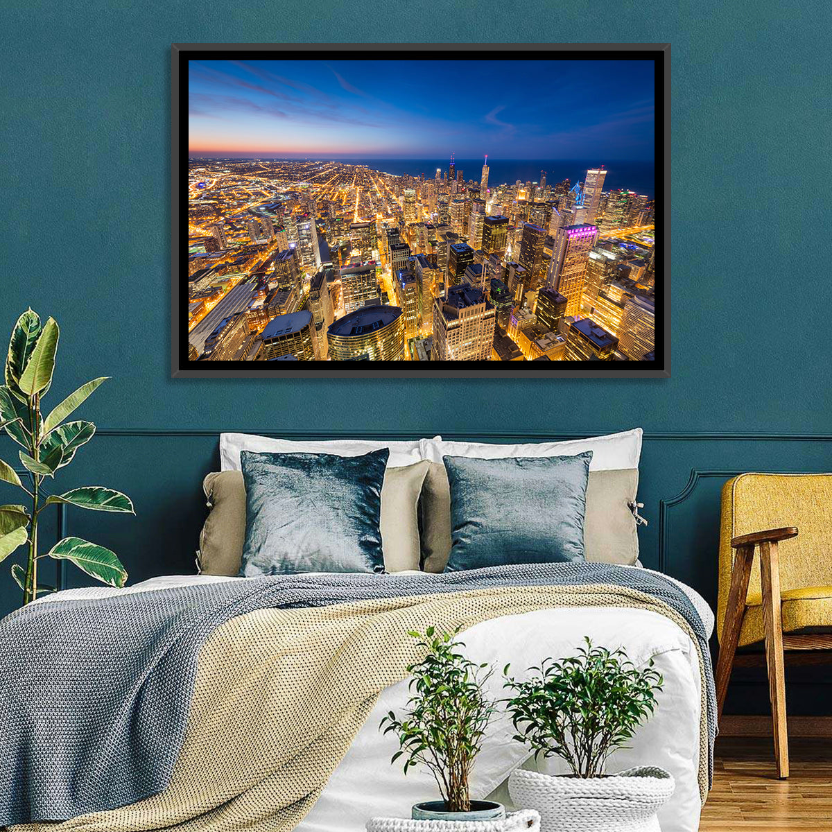 Aerial Chicago Nightscape Wall Art in a room, landscape