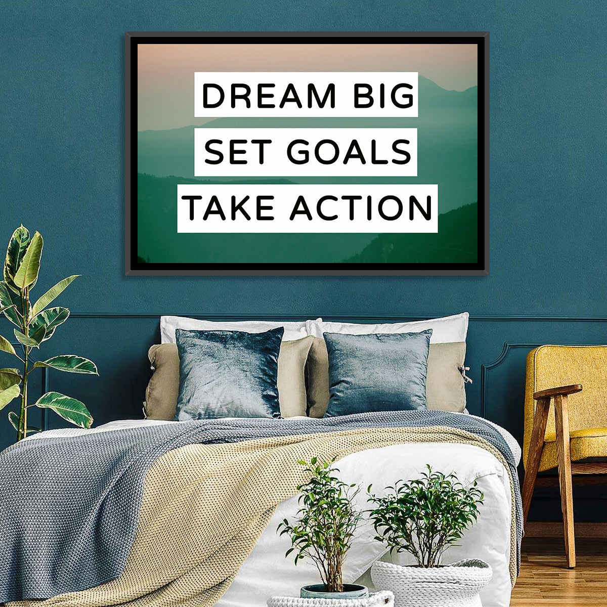 Dream Big Set Goals Wall Art in a room, landscape