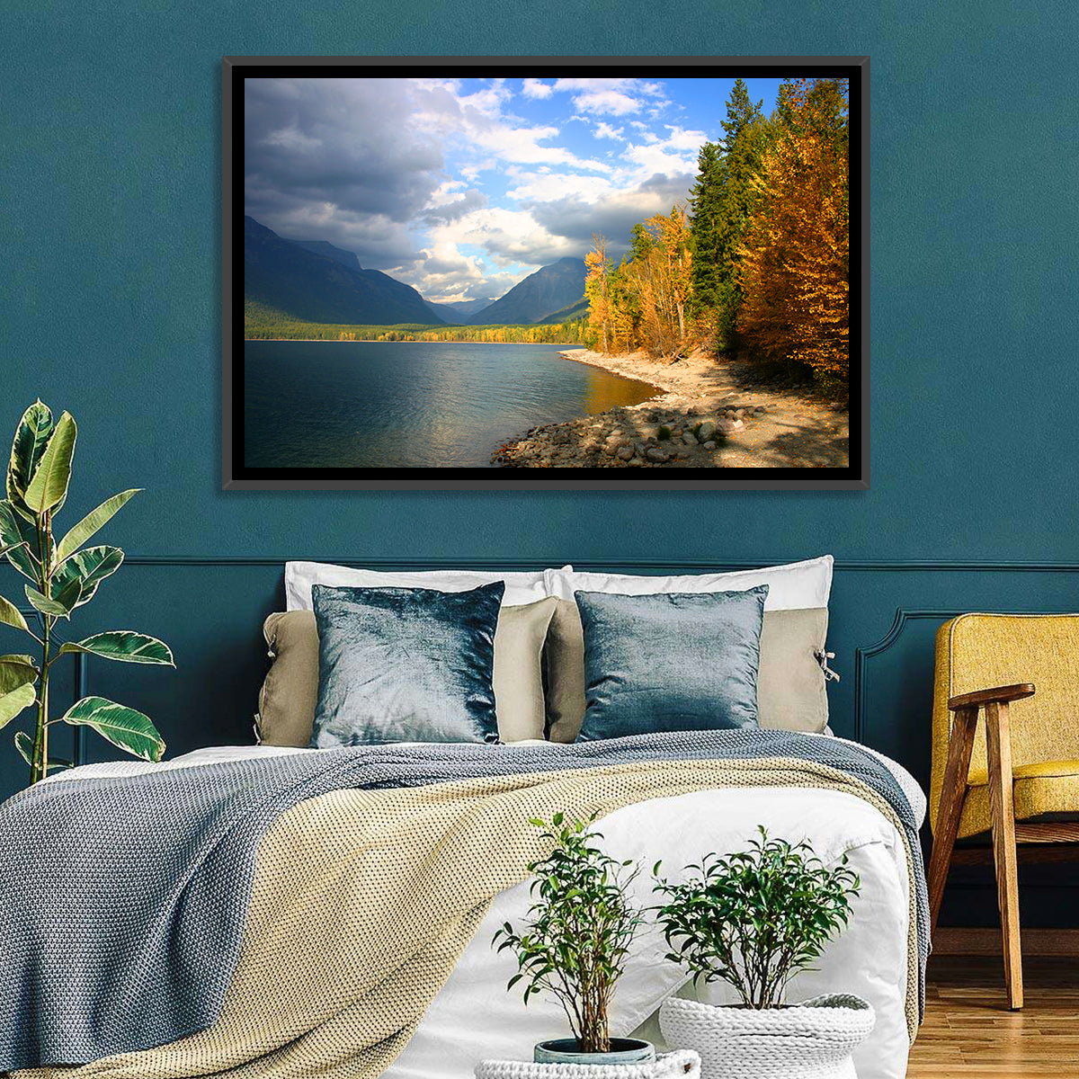 Lake Mcdonald Autumn Shoreline Wall Art in a room, landscape