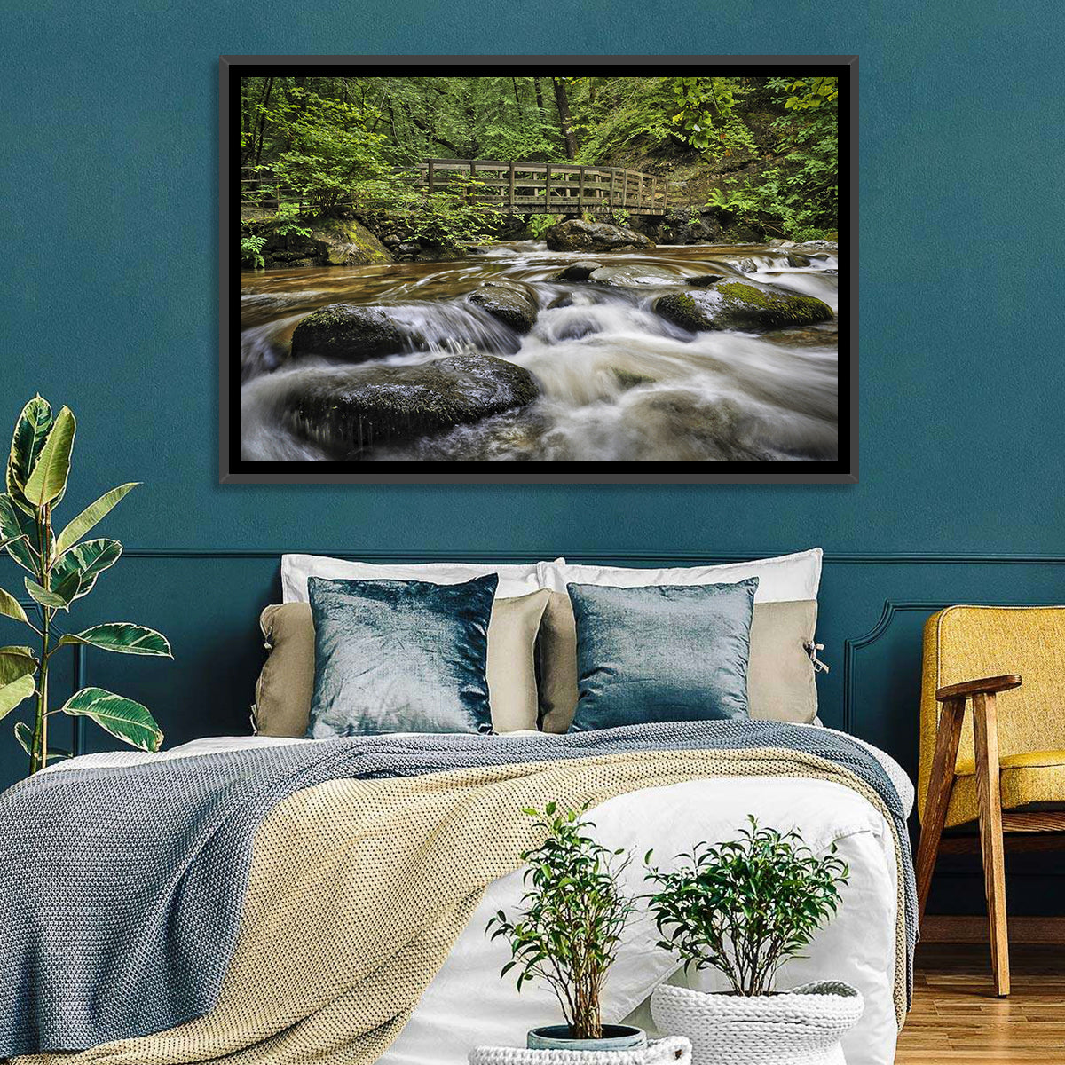 Stock Ghyll Footbridge Forest Stream Wall Art in a room, landscape