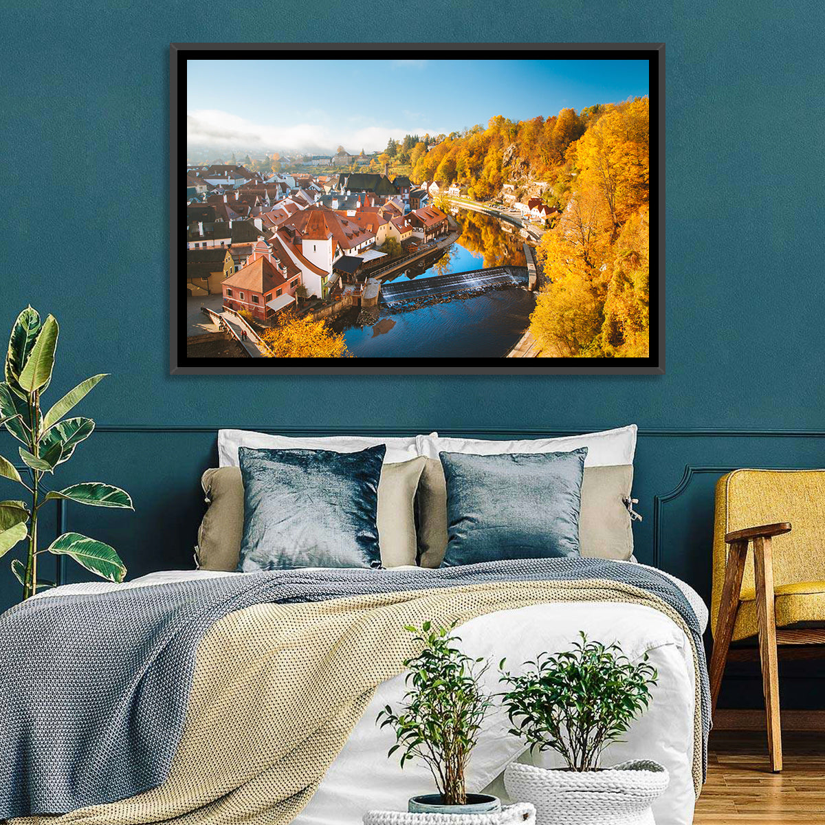 Český Krumlov River Weir in Autumn Wall Art in a room, landscape